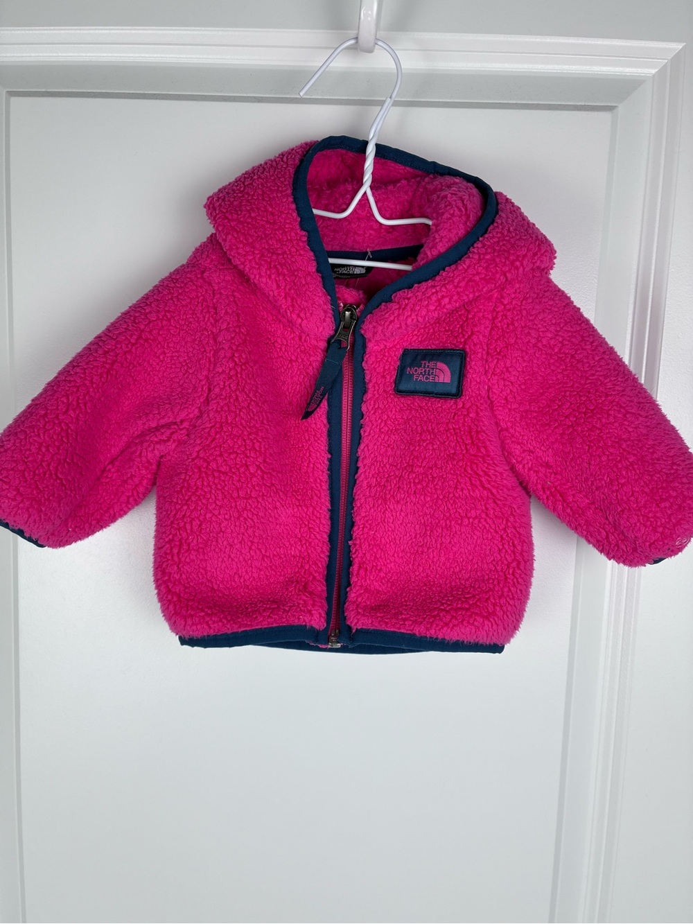 The North Face Kids Hooded Sherpa Jacket in Bright Pink with Navy Trim